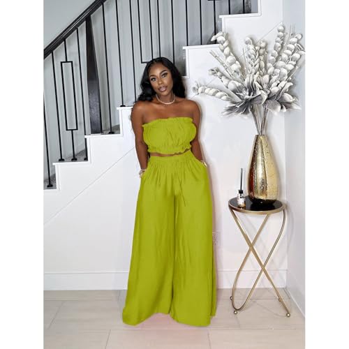 Image of Two Piece Sets for Women Summer Outfits Crop Tops and Wide Leg Pants Sets Sexy Jumpsuits Vacation Outfits with Pockets
