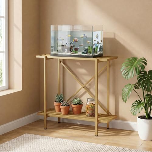 Image of ecofynd 2-Tier Fish Tank Stand, Double-Layer Aquarium Stand with Adjustable Table Feet, Heavy Metal Storage Rack Suitable for Home and Office, (Gold, FS-PS050)
