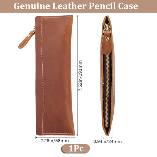 GORGECRAFT Top Grain Water buffalo Leather Pen Zippered Holder Real Leather Pencil Pouch Vintage Crazy Horse Leather Pen Bag Fountain Pen Holder for Business Office Stationery Storage Saddle Brown - Image 2