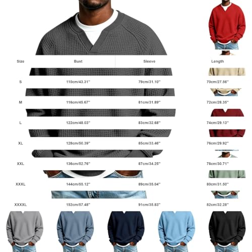 Mens waffle Knit Long Sleeve Shirt Textured V-Neck Shirts Sweatshirt Grey - image 6
