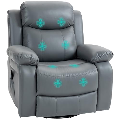 HOMCOM Relaxsessel mit Massagefunktion, Elektrisch Fernsehsessel mit 8 Vibrationsköpfen, Wippfunktion, Drehbar Liegesessel mit Fernbedienung und Seitentasche, Kunstleder, Grau