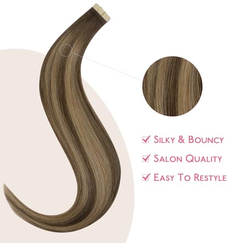 Image of WENNALIFE Tape in Hair Extensions Human Hair Balayage Chocolate Brown to Caramel Blonde Tape in Extensions, 10pcs 30g 20 inch