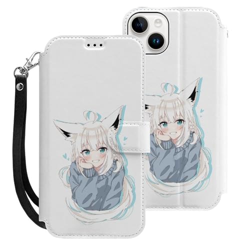 iPhone15Plus用ケース 手帳型 白上フブキ スマホケース ストラップ付き 財布型 アイフォン15Plus用ケース おしゃれ 軽量 背面 携帯カバー カード収納 スタンド機能 PUレザー 耐衝撃