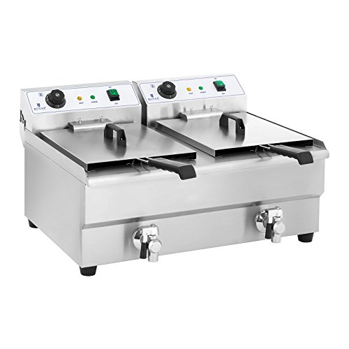 Royal Catering Fritteuse Edelstahl Doppel Fritteuse RCEF 16DH-1 (2 x 16 Liter, 2 x 3.200 Watt, Thermostat, 2 x Ablasshahn, Edelstahl)