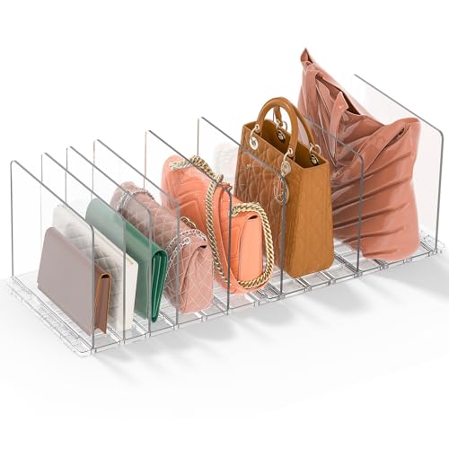 Image of GoMaihe Bag & Purse Organizer for Closet: Adjustable Clear Handbag Storage Shelf - Plastic Clutch Dividers | Minimal | Keep Purses upright