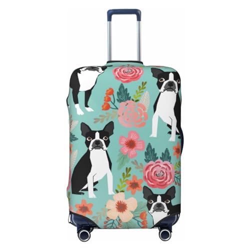 Farmhouse Florals Cute Boston Terrier Dogs Luggage Cover Protector Suitcase Anti Scratch Dirt Covers, Washable Scratch Travel Cover Elastic Protector Fits Kid And Adult-Medium 22-24 inch