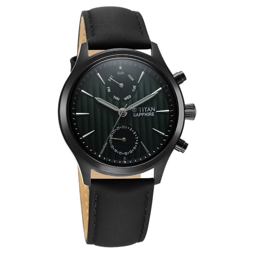 Image of Titan Sapphire Quartz Multifunction Green Dial Black Leather Strap Watch for Men - NT1874NL01