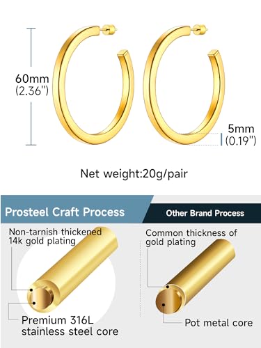 Image of Stainless Steel Chunky Hoop Earrings For Women, Minimalist and Chic, Black /Gold Plated, Round Hoops Earrings Hypoallergenic, Size: 30mm /40mm /60mm /80mm, Come with Box