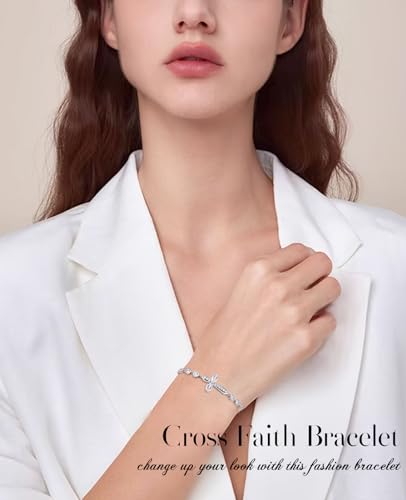 Ladytree 925 Sterling Silver Cross Bracelet for Women Adjustable God Faith Christian Jewelry Gift2