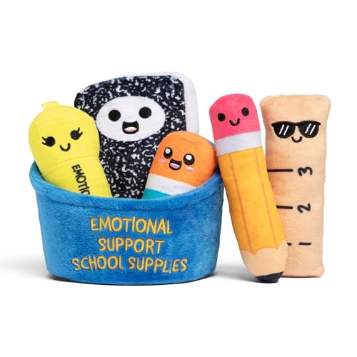Emotional Support School Supplies Plush by Relatable - Cute Stuffed Animals and Squishy Toys, Fun Gift Ideas for All Ages, and Your Favorite Teacher - Includes 5 Plushies with Carrying Basket