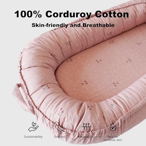 Image of Infant Lounger, Baby Nest Cover for Baby Girls & Boys, Newborn Essentials for Baby 0-12 Months, 100% Cotton Breathable (Cherry Muslin)