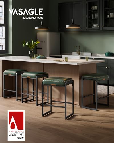 Image of VASAGLE EKHO Collection - Bar Stools Set of 4, Counter Height Bar Stools, Synthetic Leather with Stitching, Mid-Century Modern Counter Stools, 26-Inch Tall, Kichen Home Bar Dining Room, Forest Green