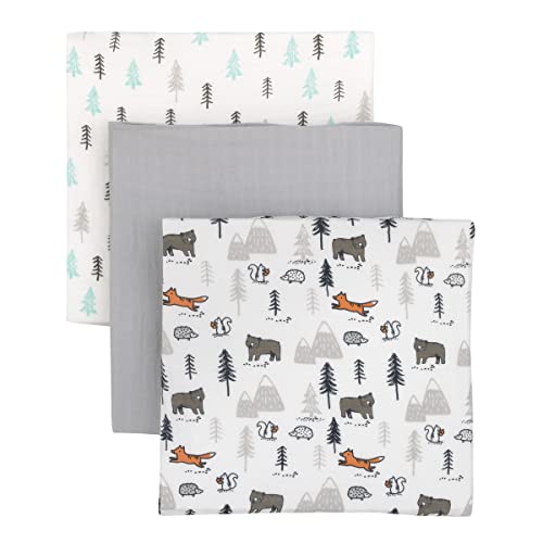 Image of NoJo Carter's Woodland Friends Gray and White Tree Bear Squirrel 100% Cotton 3 Pack Muslin Swaddle Blankets