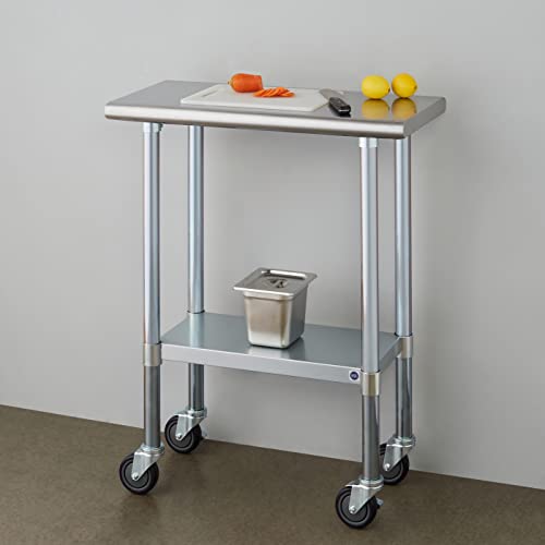 Image of ROCKPOINT Stainless Steel Table for Prep & Work with Caster Wheels 14x30 Inches, NSF Metal Commercial Kitchen Heavy Duty Table with Adjustable Under Shelf and Table Foot for Restaurant, Home and Hotel