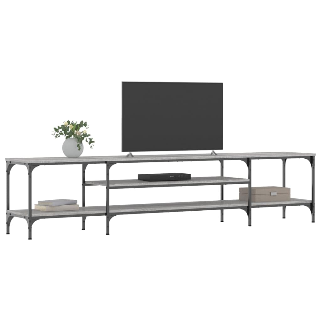 79-Inch Industrial TV Stand, Sonoma Gray Wood and Iron Console | This living room media center features open storage shelves and measures 79 x 14 x 18 inches.