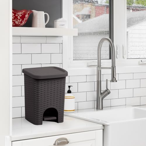 Image of Superio Mini 6L Step Pedal Trash Can - Wicker Design, Hidden Mechanism, Durable Plastic, Ideal for Desktop, Countertop, Pet Waste /Dog Poop - Brown
