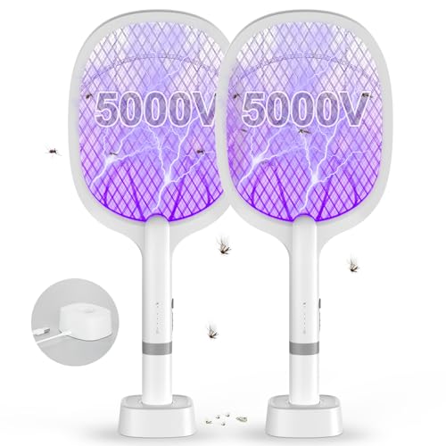 DANGZW Raquette Electrique Insectes 5000V, 2 en 1 2000 mAh USB Rechargeable Tapette à Mouches Electrique avec Base de Chargement Contre Moustiques, Mouches,...