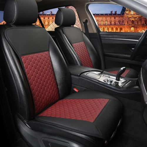 Black Panther 1 Pair Car Seat Covers, Universal PU Front Car Seat Protectors, Non-Wrapped Bottom with Partial Backrest Coverage (Middle Part Only) (Black+Burgundy)