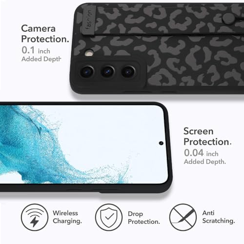 Image of Compatible with Samsung Galaxy S22 Case with Strap Wrist Black | Cheetah Print Shockproof Soft TPU Protective Cover for Women Girls, Slim Anti Scratch Case 6.1 Inch, Black