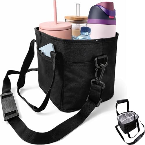 Family Size 4 Compartment Drink Bag, Multiple Tumbler Carrier Caddy, with Adjustable Strap, 4 Compartment Insulated Drink Holde, for Hiking, Walking, Sports, Traveling to Work, Beach (Black)