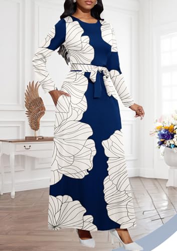 Image of BubFee Long Dress for Women Casual Long Sleeve Dresses Maxi Dress Empire Waist Loose with Belt