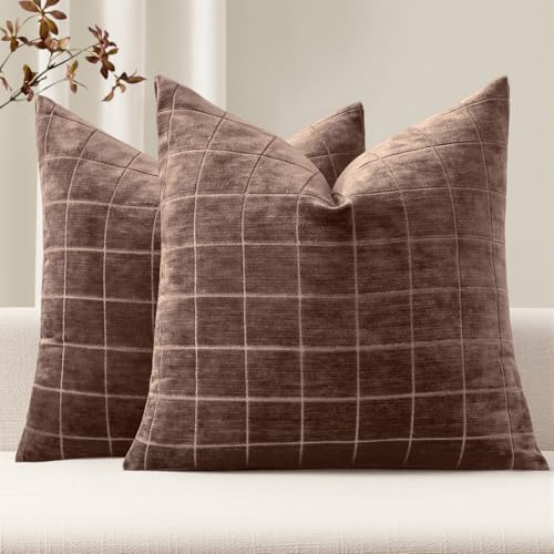 Image of MIULEE Reddish Brown Plaid Fall Decor Throw Pillow Covers 20x20 Set of 2 | Vintage Check Chenille Couch Pillows Boho Farmhouse Cushion Covers Modern Fall Home Decor for Sofa Bed Living Room