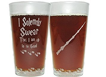 Orange Kat I Solemnly Swear That I Am Up To No Good with Elder Wand and Mischief Managed 16oz. Pint Glass