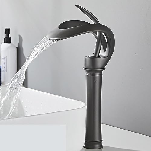 Robinet de lavabo mitigeur eau chaude froide cascade gris or brossé pour meuble de salle de bain