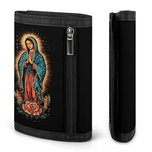 Lady of Guadalupe Trifold Wallets for Men Women Ultra Thin Card Holder Purse with Zip Coin Pocket3