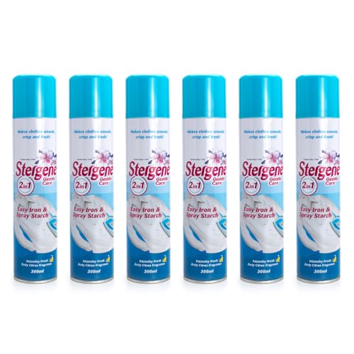 Stergene Easy IRON & STARCH SPRAY | Wrinkle Release Ironing Solution for Shirts Denim & Linen | Silicone Formula for Easy Iron Glide | Crisp Finish & Fabric Care | 300ml [Pack of 6]