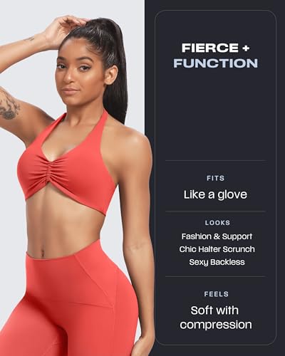 Image of Aoxjox Women's Workout Sports Bras Fitness Taylor Scrunch Halter Bra Yoga Crop Tank (Spiced Coral, Small)