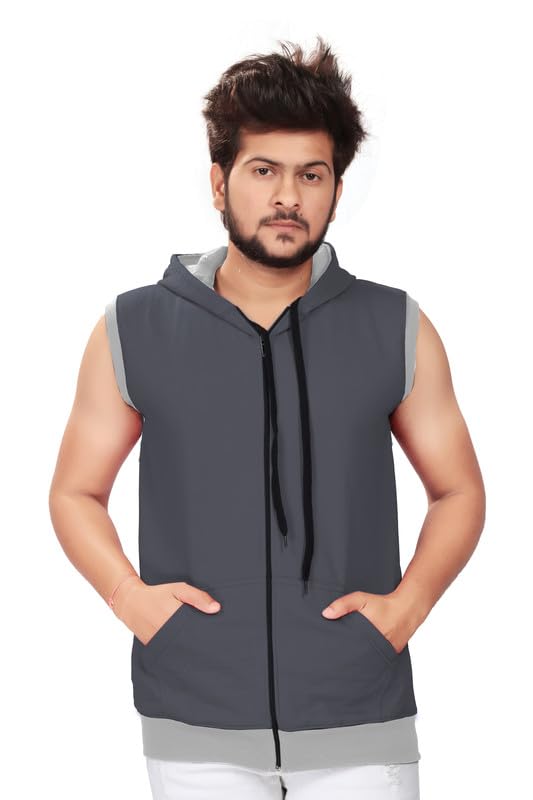 Image of Various Dots Men's Sleeveless Hooded T-Shirt | Cotton Zipper Hoodies | Vest Sandoz with Cap and Kangaroo Pocket | Regular Fit Jacket for Light Warm | Trendy Look | for Men and Boy