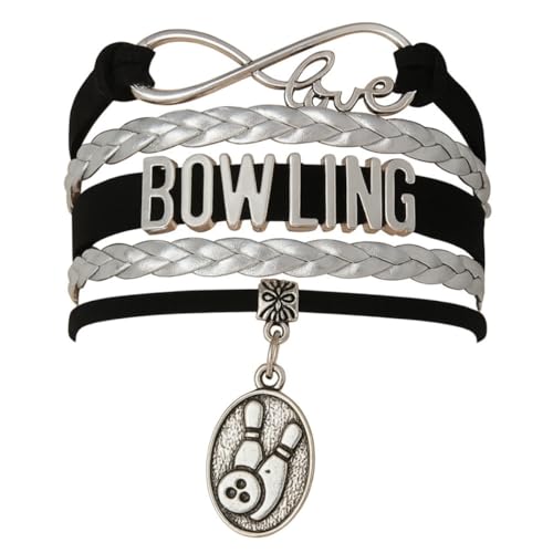 Bowling Bracelet – Black & Silver Infinity LOVE Wrap Bracelet with Bowling Charm – Adjustable Sports Jewelry Gift for Bowlers, Teams, or League Players