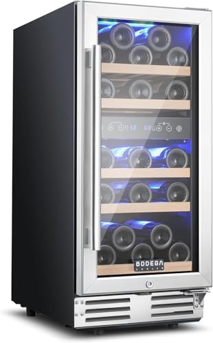 BODEGACOOLER 15 Inch Dual Zone Wine Cooler,Wine Fridge with Double-Layer Glass Door,30 Bottles Wine Cooler Refrigerator with Digital Temperature Control and Temperature Memory for Home Bar