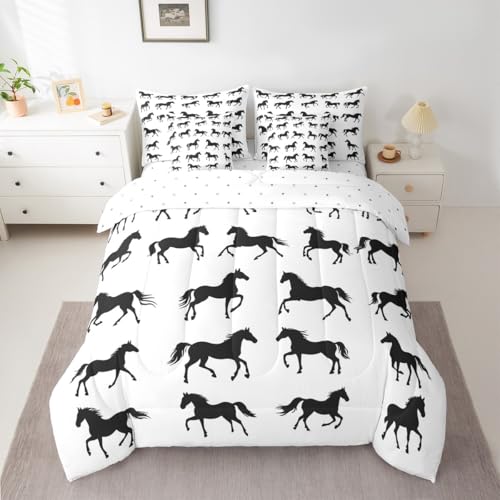 Image of Black Horses Bed in a Bag Queen Comforter Set 7 Piece | Horse Gifts for Girls Farm Animals Bedding Sets Wild Animal Western Comforter and Sheet Set,Cowboys Gifts for Men Rustic Farmhouse Decor