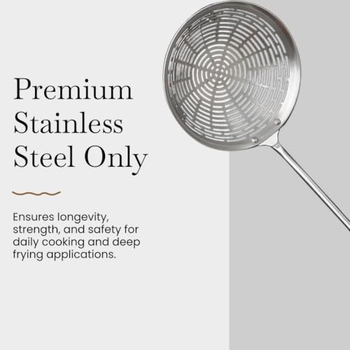 Image of Stainless Steel Oil Skimmer Jhara for Deep Frying | Heavy Duty Puri Pakora Frying Strainer | Long Handle Oil Drain Spoon | Rust Free Kitchen Skimmer