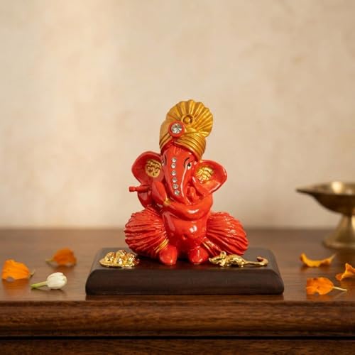 Image of eCraftIndia Orange Ganesha Statue | Lord Ganesha Idol for Home Decor Car Dashboard | Ganesh Ganpati Murti Gift for Diwali Housewarming Birthday