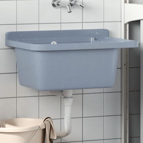 Fregadero de granja, fregadero de pared gris, 60 x 40 x 28 cm, resina para baño, fácil montaje