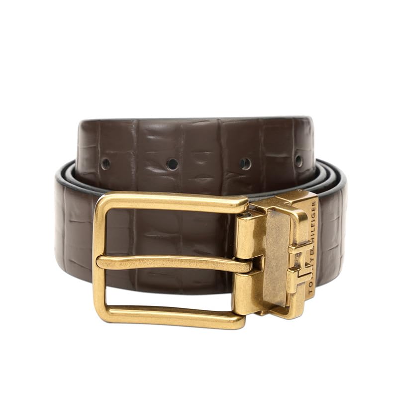 tommy hilfiger Bandon Men's Leather Reversible Belt | 3.5Cm Croco Textured Formal Belt With Shiny Gunmetal Th Keeper Pin Buckle | Size - S 80Cm-picture-13