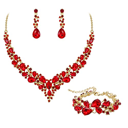 EVER FAITH Parure Bijoux Mariage Collier Boucles d'oreilles et Bracelet 3PCS Ensemble pour Femmes Autrichiennes Cristal Goutte d'eau Cluster de Rouge Ton d'or