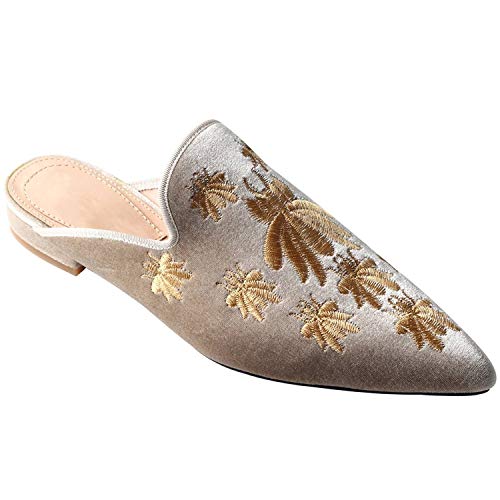 Image of Fericzot Women's Velvet Backless Pointed Toe Slip On Loafers Flats Embroidery Mule Slippers Shoes