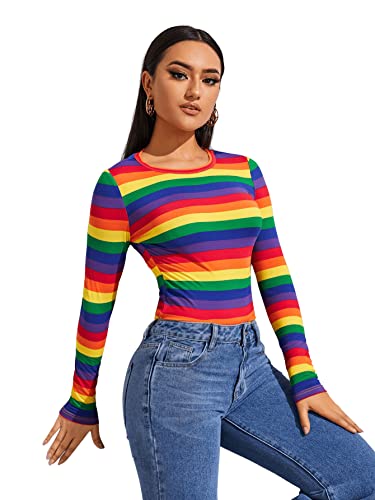 SweatyRocks Women's Casual Long Sleeve Rainbow Striped Slim Fit Tee Shirt Top4