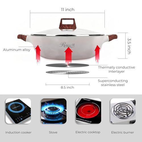 Image of Rosewill 4.2QT Double Flavor Non-Sticking Shabu Shabu Hot Pot with Divider, 13 inch Divided Stockpot for Cooking, Hot Pot for Induction Cooktop & Gas Stove, Electric Burner - Beige