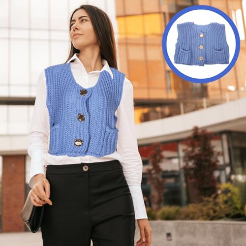 Chaleco corto de punto azul para mujer: confección clásica con botones 7