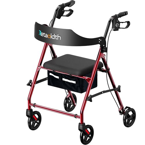 Foldable Rollator Walker with Seat for Seniors, All-Terrain Wheels, 350lb Capacity, Reinforced Inner...