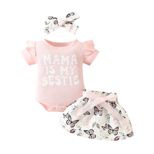 Image of Tsnbre Newborn Baby Girl Summer Clothes Mama is My Bestie Ruffle Short Sleeve Romper Shorts Headband 3Pcs Outfits