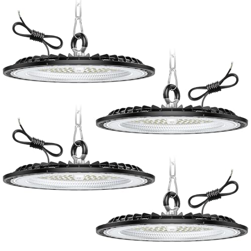 Pack de 4 lâmpadas LED UFO de 100 W de alta baía, 15000 lm, focos LED para teto interno, 6000 K, branco frio, iluminação de armazém, IP65, à prova d'água, lâmpada industrial para pátio, garagem