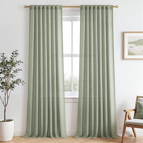 MRTREES Lot de 2 Rideau Voilage Salon Moderne Rideau Voile en Lin Translucide Vert Sauge Passe Tringle Rideaux Voilages Intérieurs Doux et Élégant pour...