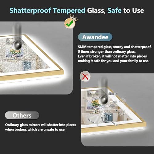 Image of 44x36 Gold LED Bathroom Mirror with Lights, Backlit & Front Lit | Brushed Gold Framed, Anti-Fog Lighted Vanity Mirror, Dimmable, 3-Color Temp, Memory, CRI95, HD Tempered Glass, UL Listed