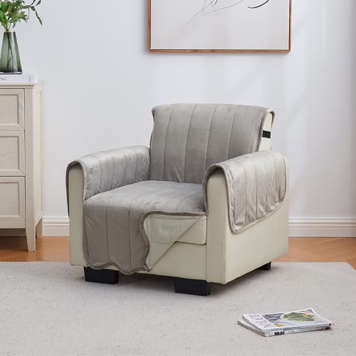 Image of Great Bay Home Velvet Chair Cover - Washable Slipcover Furniture Protector with Elastic Straps - Furniture Cover for Dogs, Kids, and Pets - Stitched Detail (Wild Dove Grey)